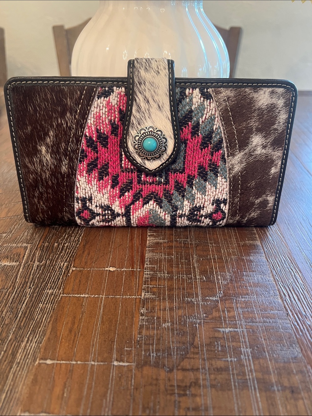 Cowhide Wallet with Pink and Turquoise Accent